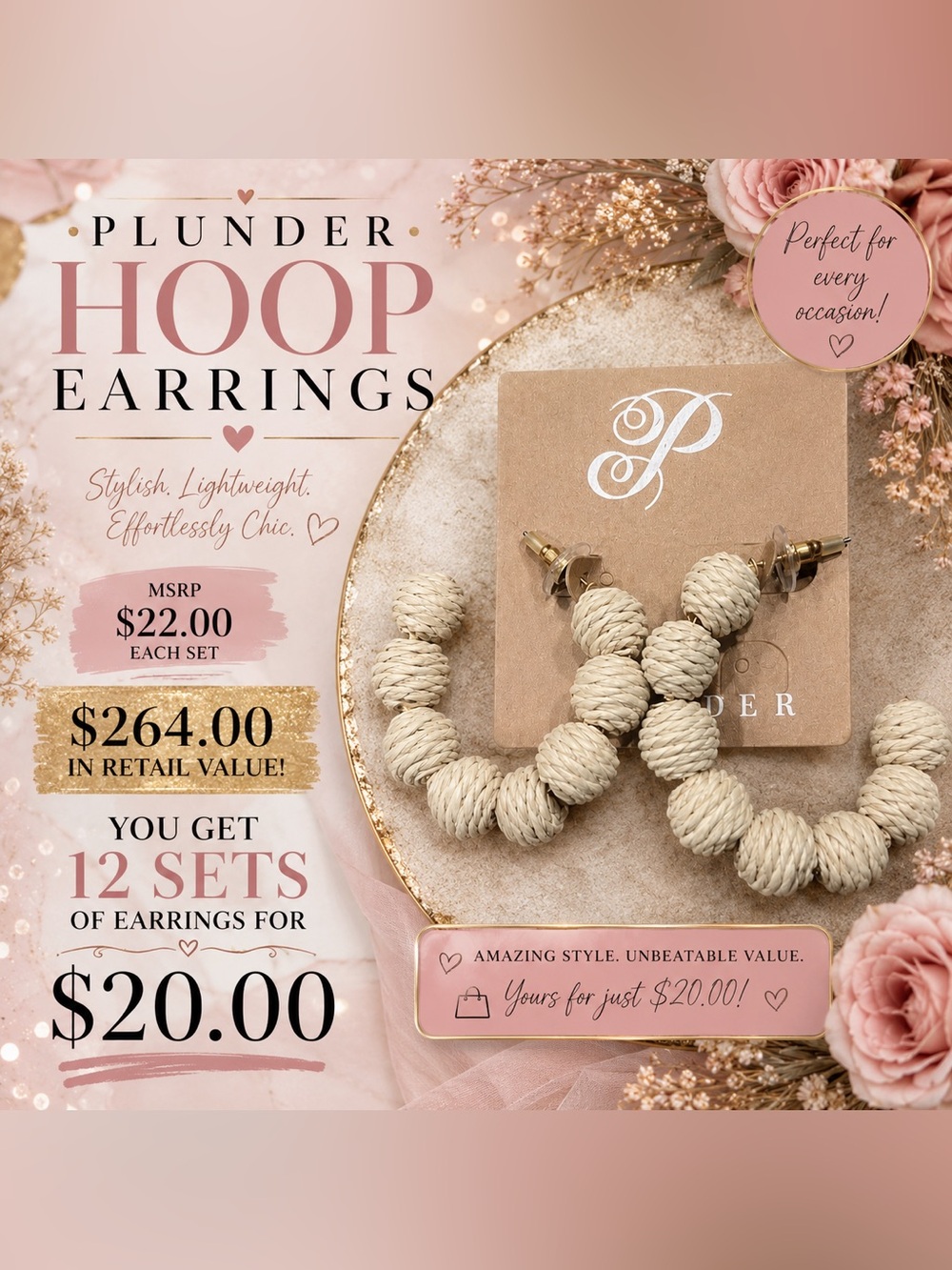 Plunder Cream Woven Rope Bead Hoop Earrings